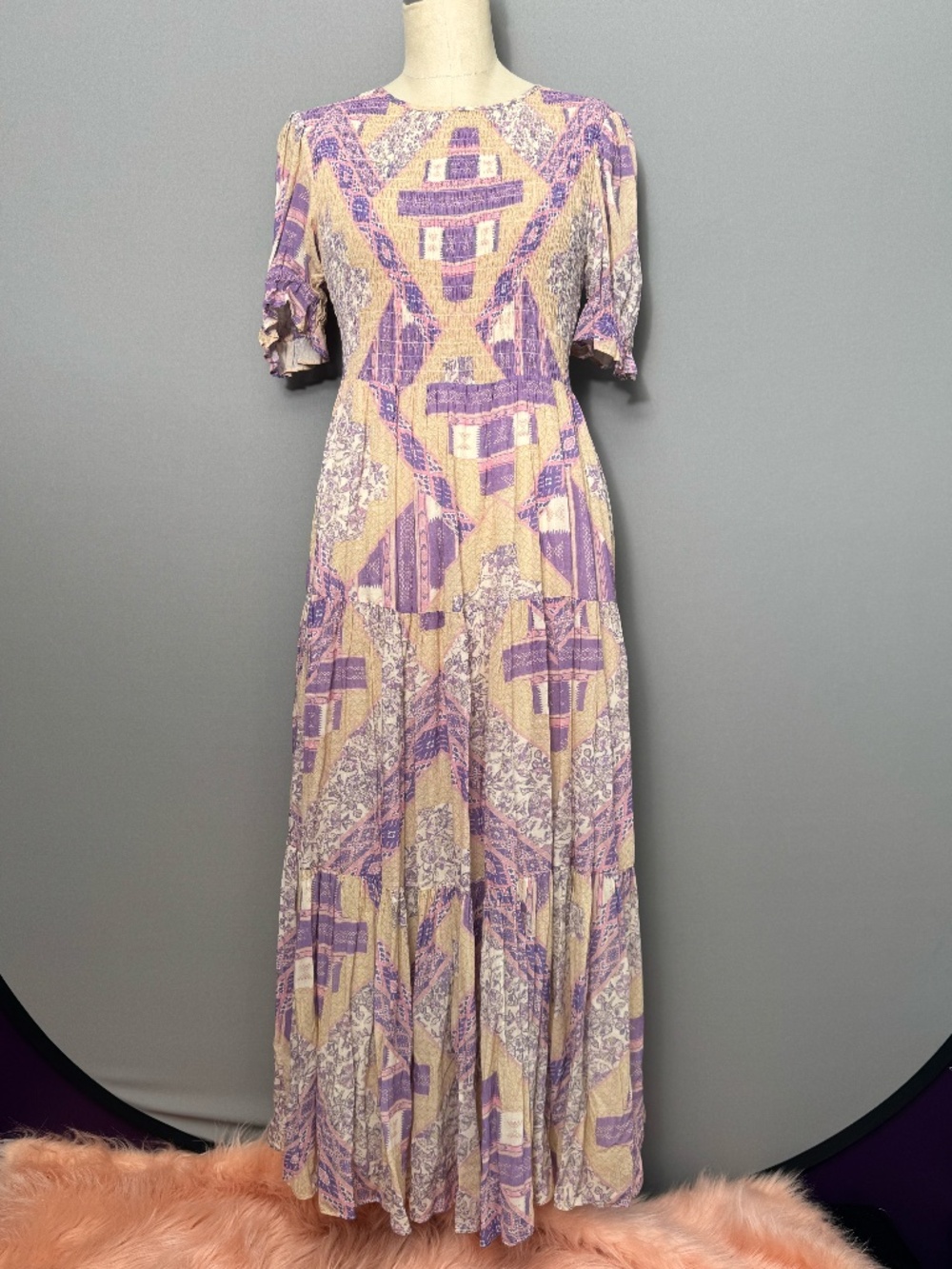 Gypsy & Gold Smocked Boho Maxi Dress Lavender Patchwork Prairie Size L